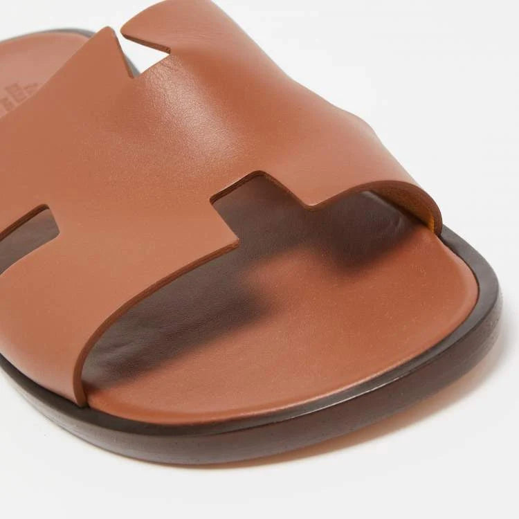 Hermes Brown Leather Izmir Slide Flats Size 47