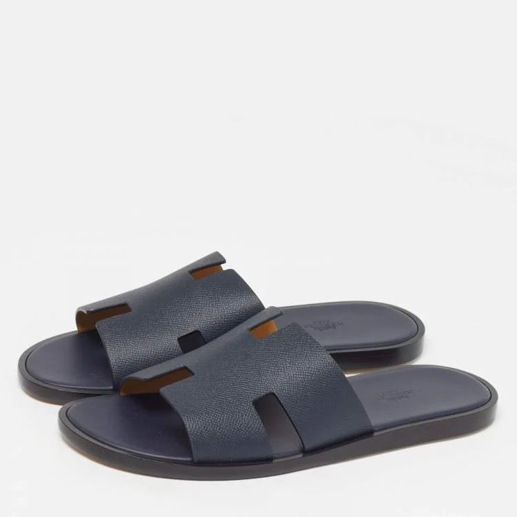 Hermès Izmir Size 43.5 Navy Blue Leather Flat Slides