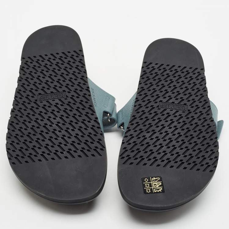 Hermes Chypre Size 40 Blue Leather Flat Sandals