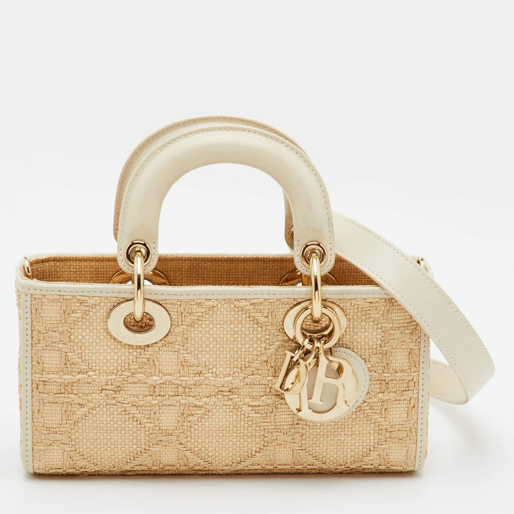 Dior Lady D-Joy Small Beige/Cream Leather and Raffia Tote