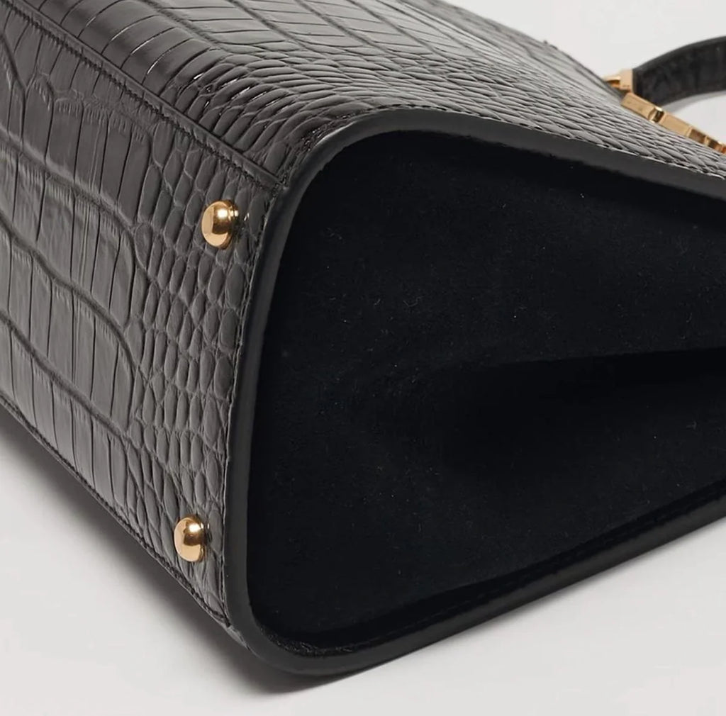 Tory Burch Eleanor Black Croc Embossed Leather Top Handle Bag
