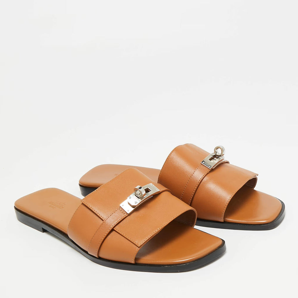 Hermes Giulia Size 42 Brown Leather Slide Flats
