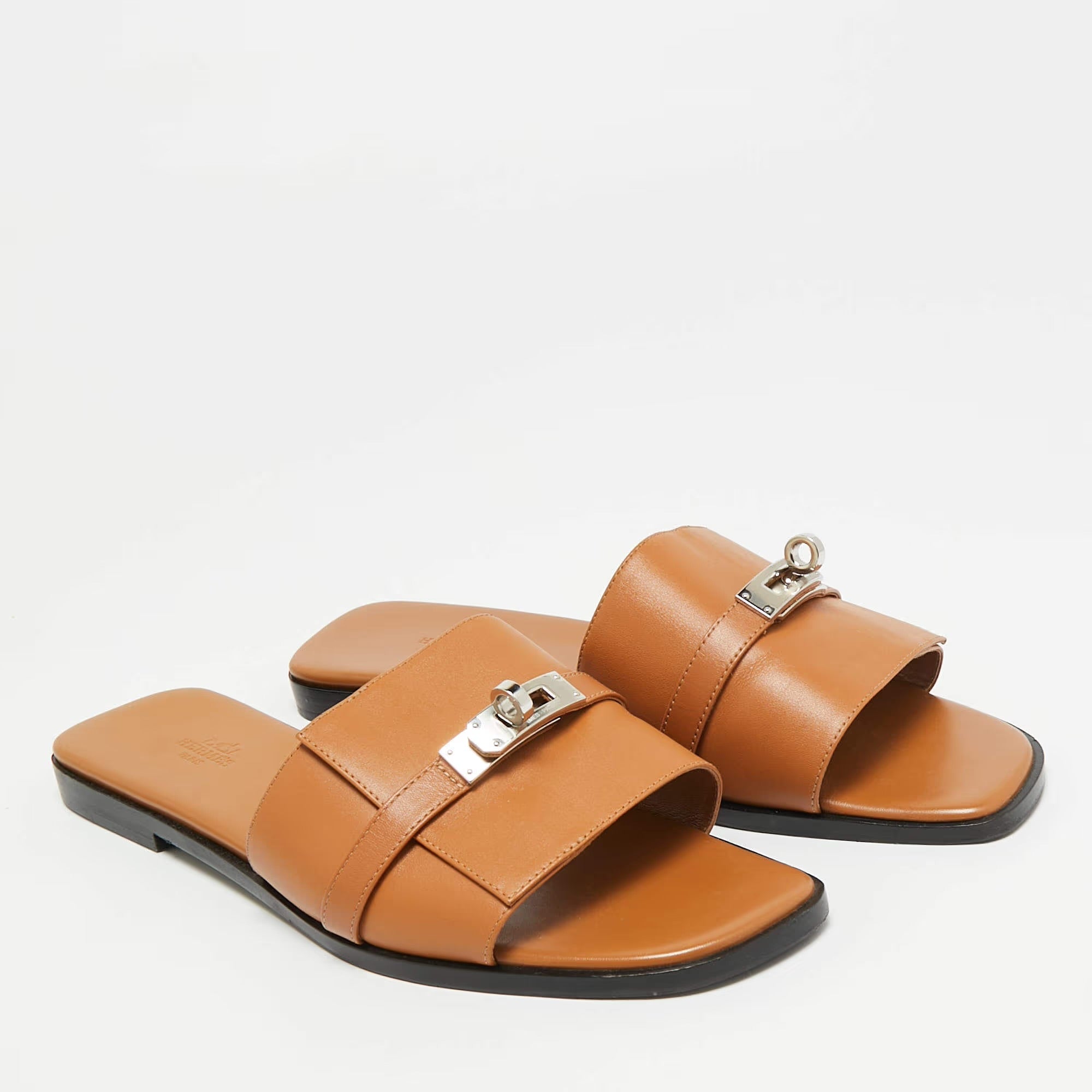 Hermes Giulia Size 42 Brown Leather Slide Flats