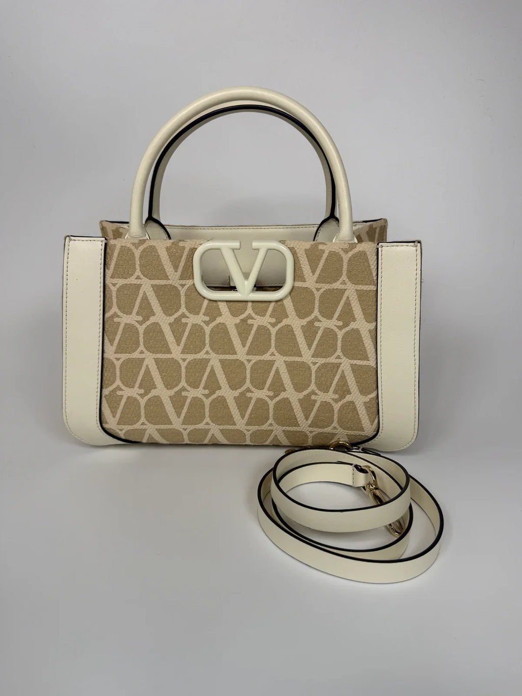 VALENTINO GARAVANI CANVAS TOTE IN BEIGE CANVAS AND LEATHER WITH GOLD HARDWARE