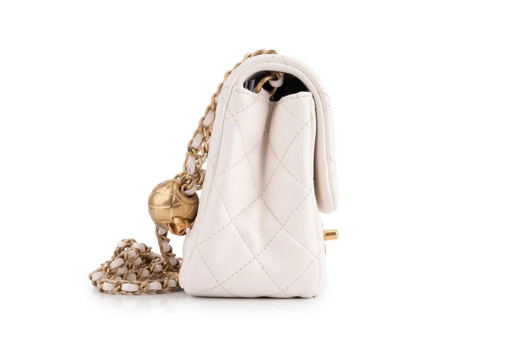 Chanel Quilted Pearl Crush Mini Square Flap Bag Lambskin White GHW