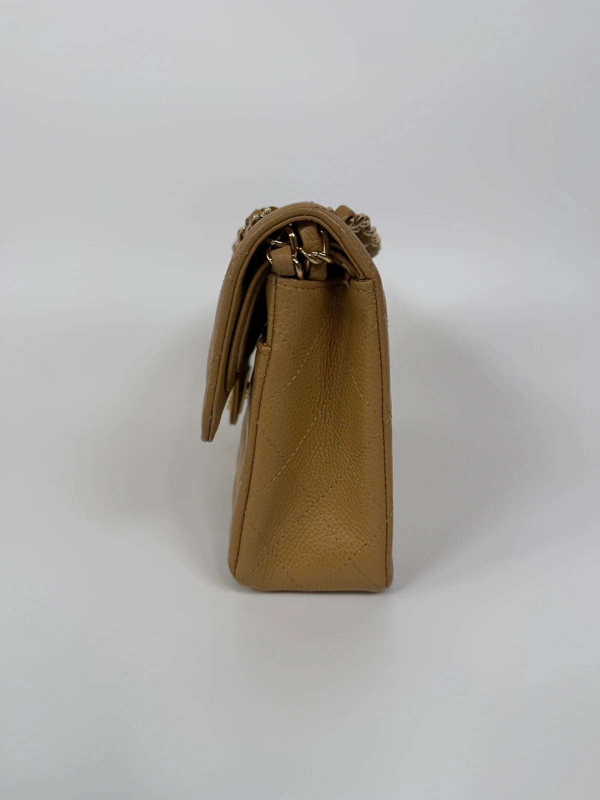 CHANEL SMALL CLASSIC DOUBLE FLAP IN BEIGE CAVIAR LEATHER WITH GOLD HARDWARE