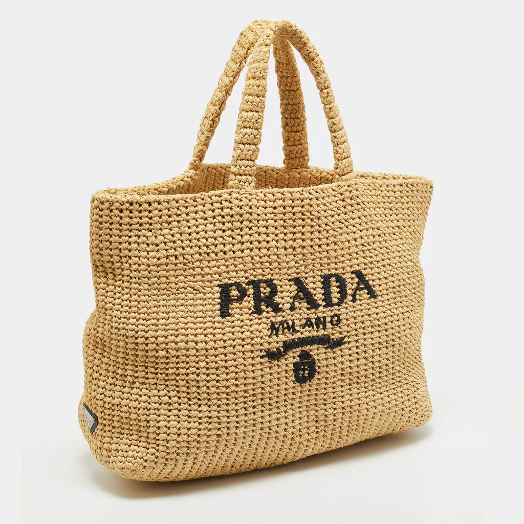 Prada Natural Raffia Logo Shopper Tote