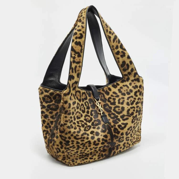 Saint Laurent LE 5 À 7 Bea Brown Leopard Print Calf Hair Tote