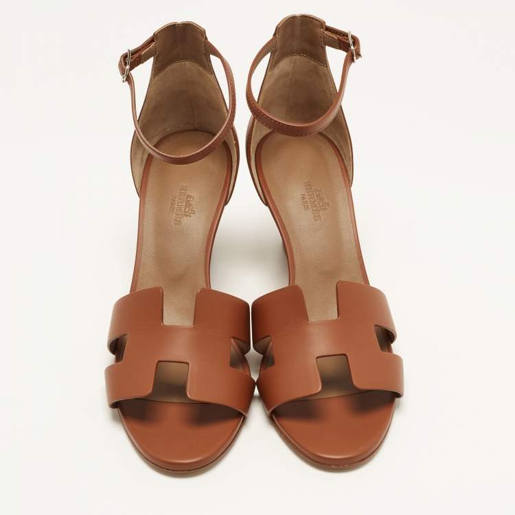 Hermes Legend Size 39.5 Brown Leather Wedge Sandals