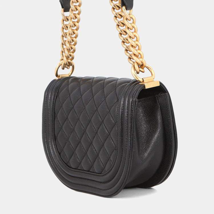 Chanel Boy Curved Small Black Quilted Caviar Leather Messenger Bag