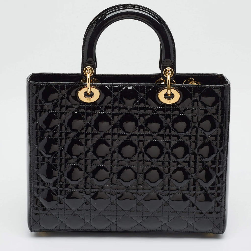 Dior Lady Dior Large Black Cannage Patent Leather Tote