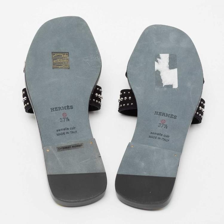 Hermes Black Suede Studded Oran Sandals Size 37.5