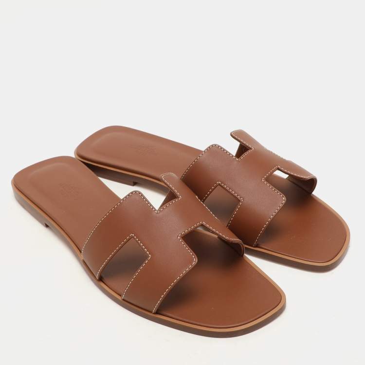 Hermes Gold Leather Oran Flat Sandals Size 40.5