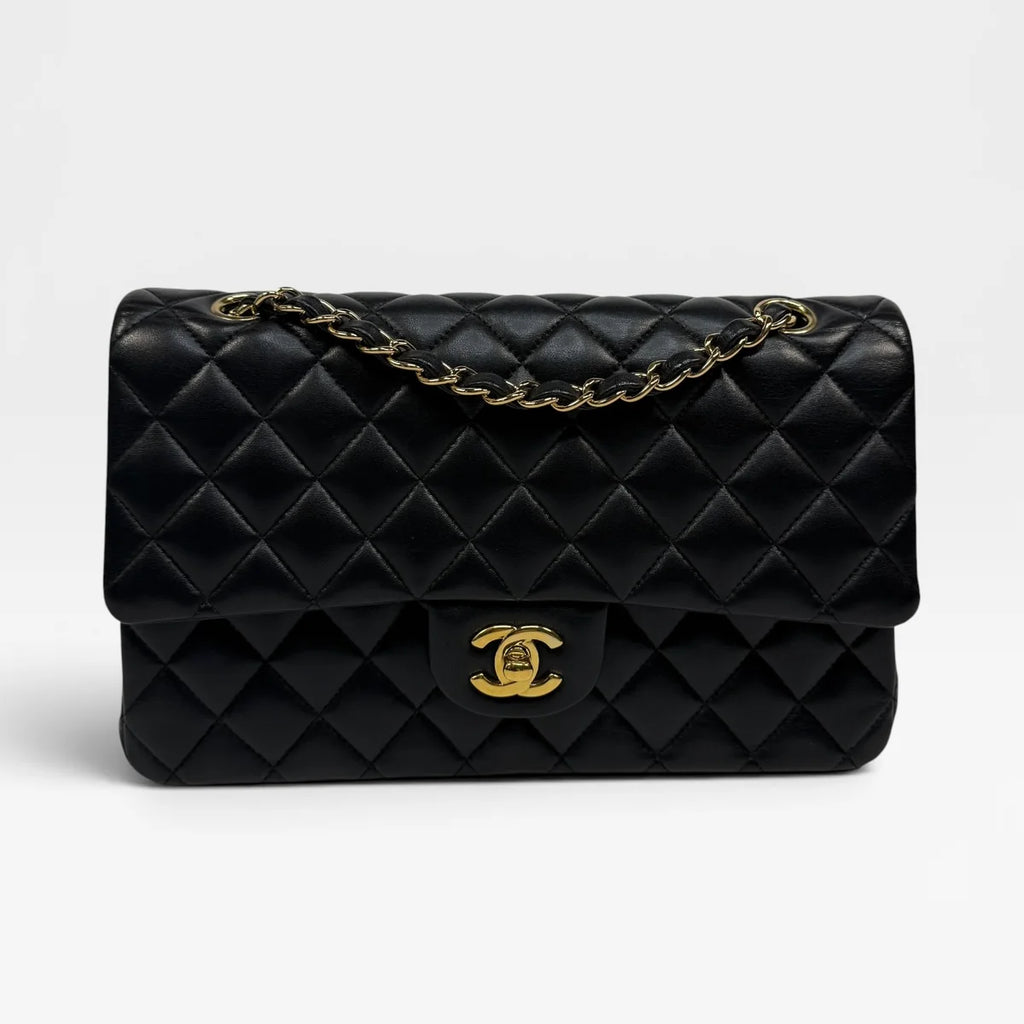 CHANEL MEDIUM CLASSIC DOUBLE FLAP BLACK LAMBSKIN WITH GOLD HARDWARE