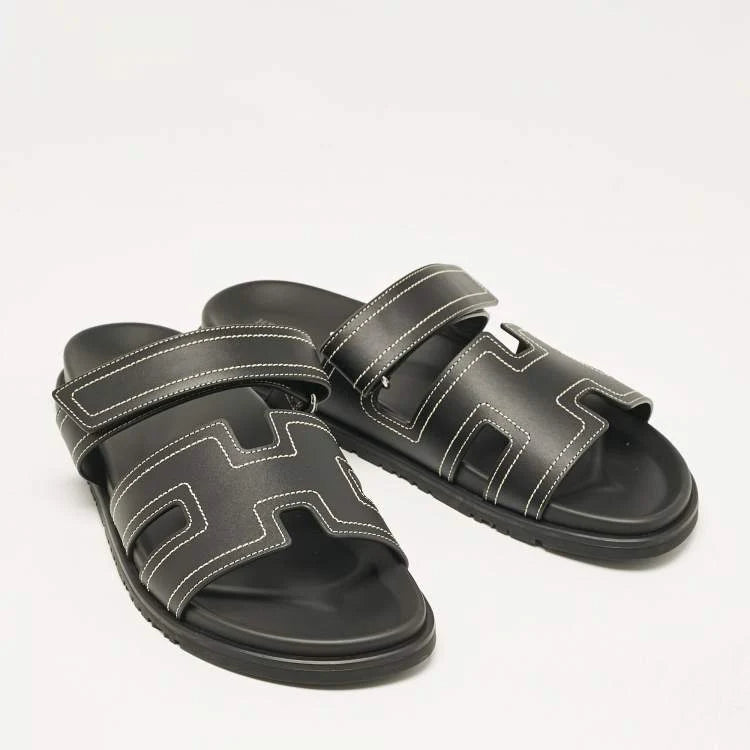 Hermes Black Leather Chypre Sandals Size 46