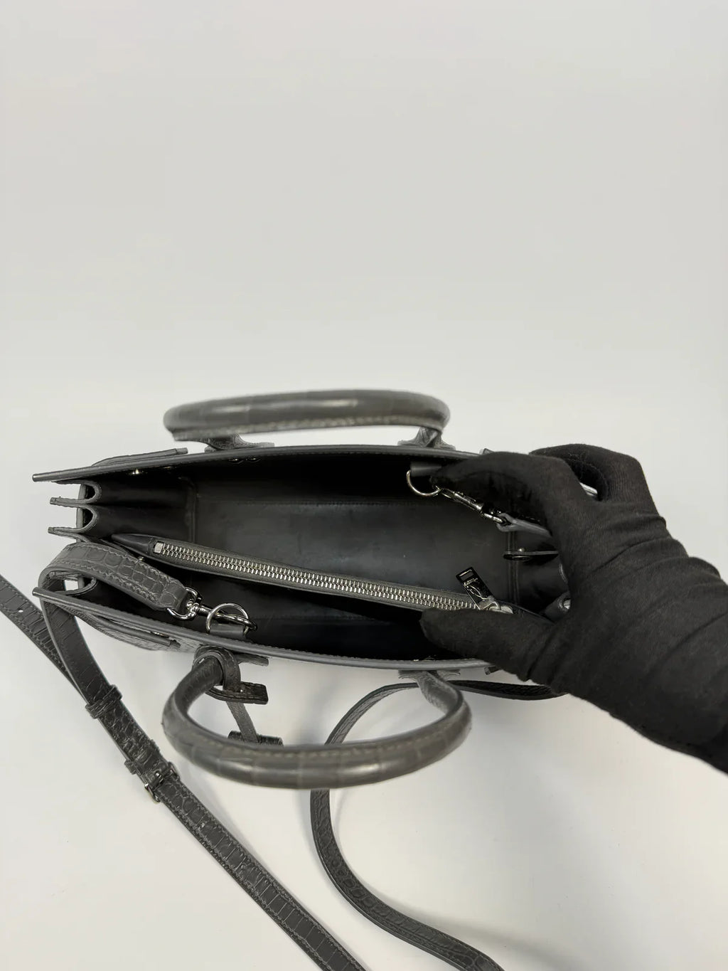 SAINT LAURENT SMALL SAC DE JOUR IN GREY CROC EMBOSSED LEATHER WITH SILVER HARDWARE