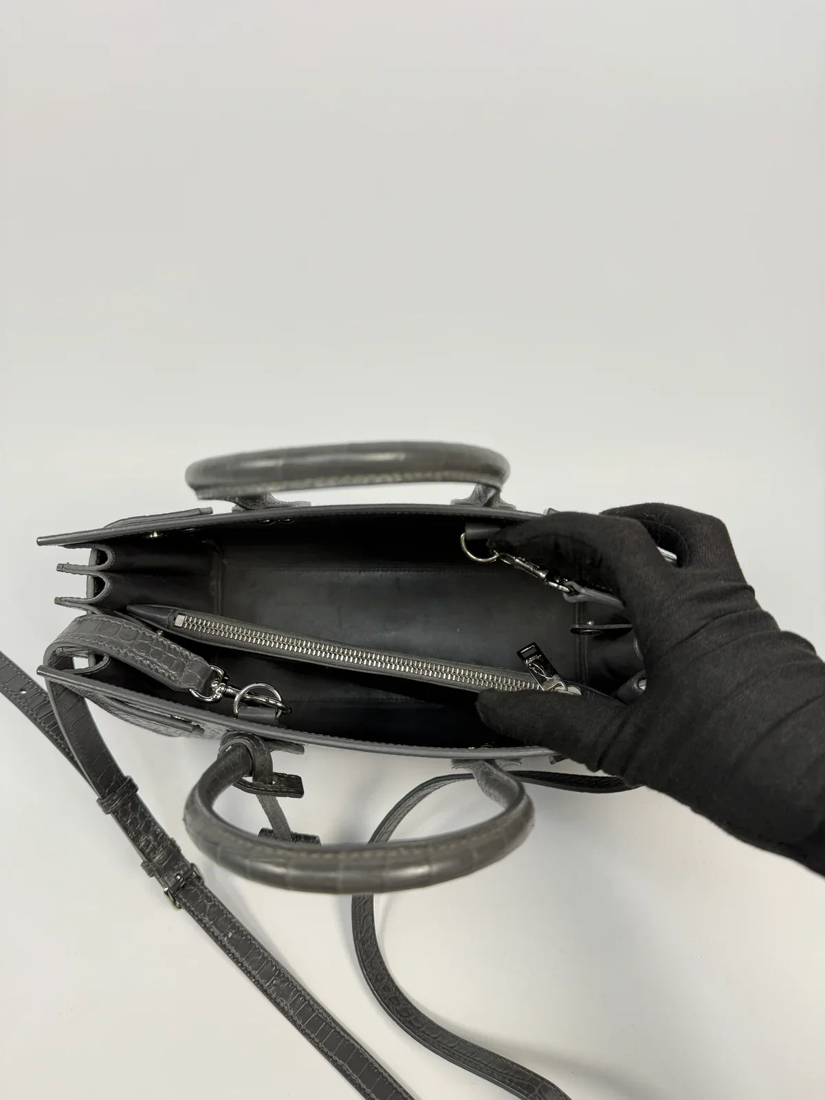 SAINT LAURENT SMALL SAC DE JOUR IN GREY CROC EMBOSSED LEATHER WITH SILVER HARDWARE
