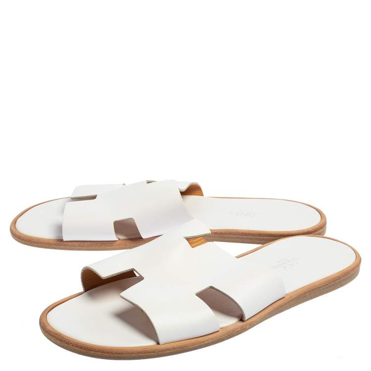 Hermes White Leather Izmir Flat Slides Size 39