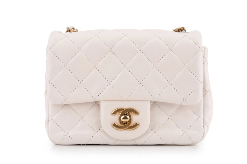 Chanel Quilted Pearl Crush Mini Square Flap Bag Lambskin White GHW