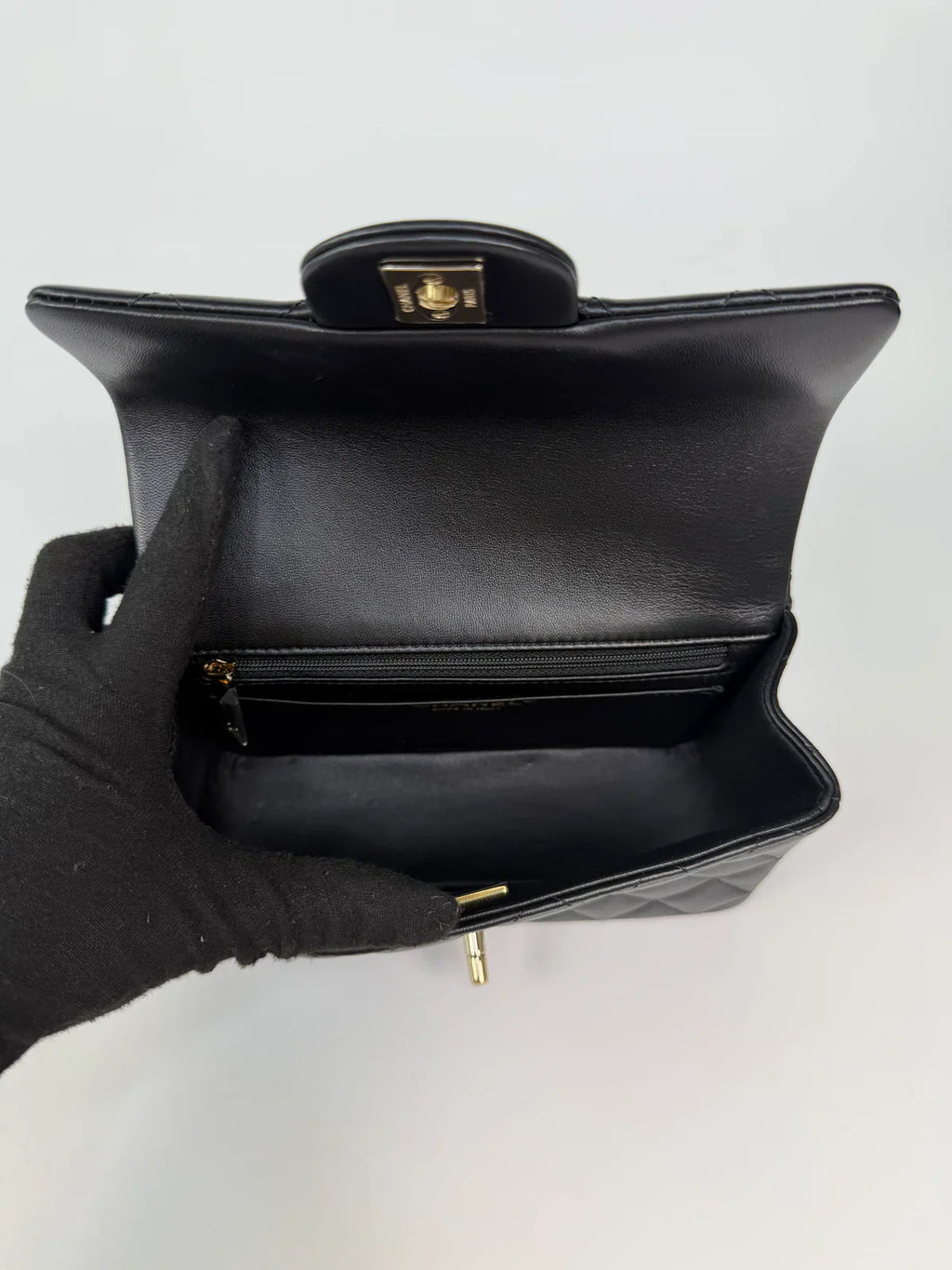 CHANEL MINI RECTANGLE TOP HANDLE IN BLACK LAMBSKIN LEATHER WITH PALE GOLD HARDWARE