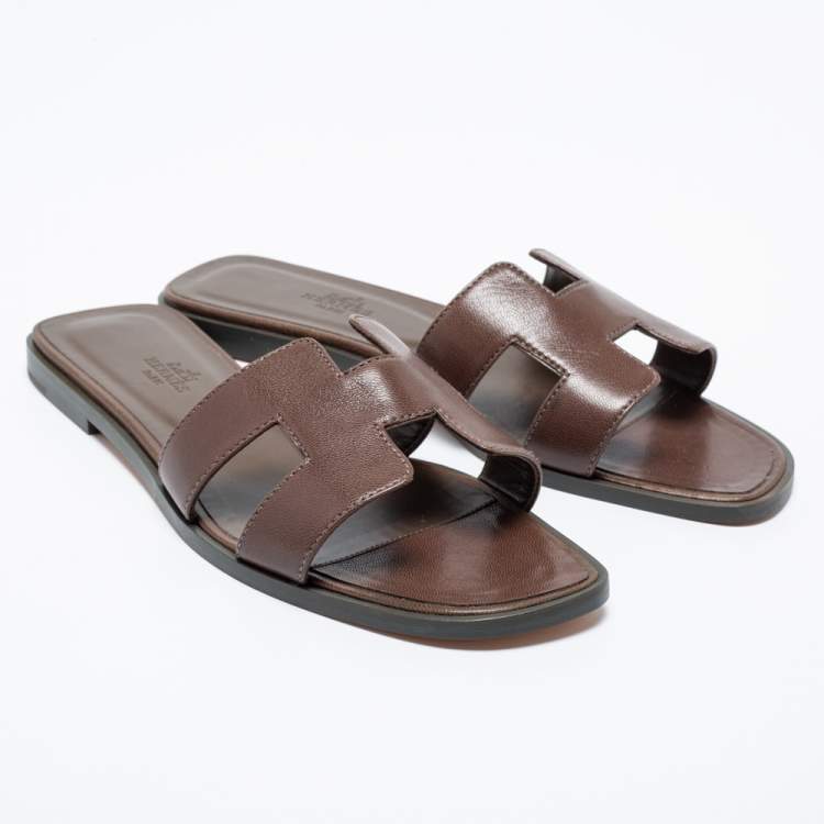 Hermes Brown Leather Oran Sandals Size 39