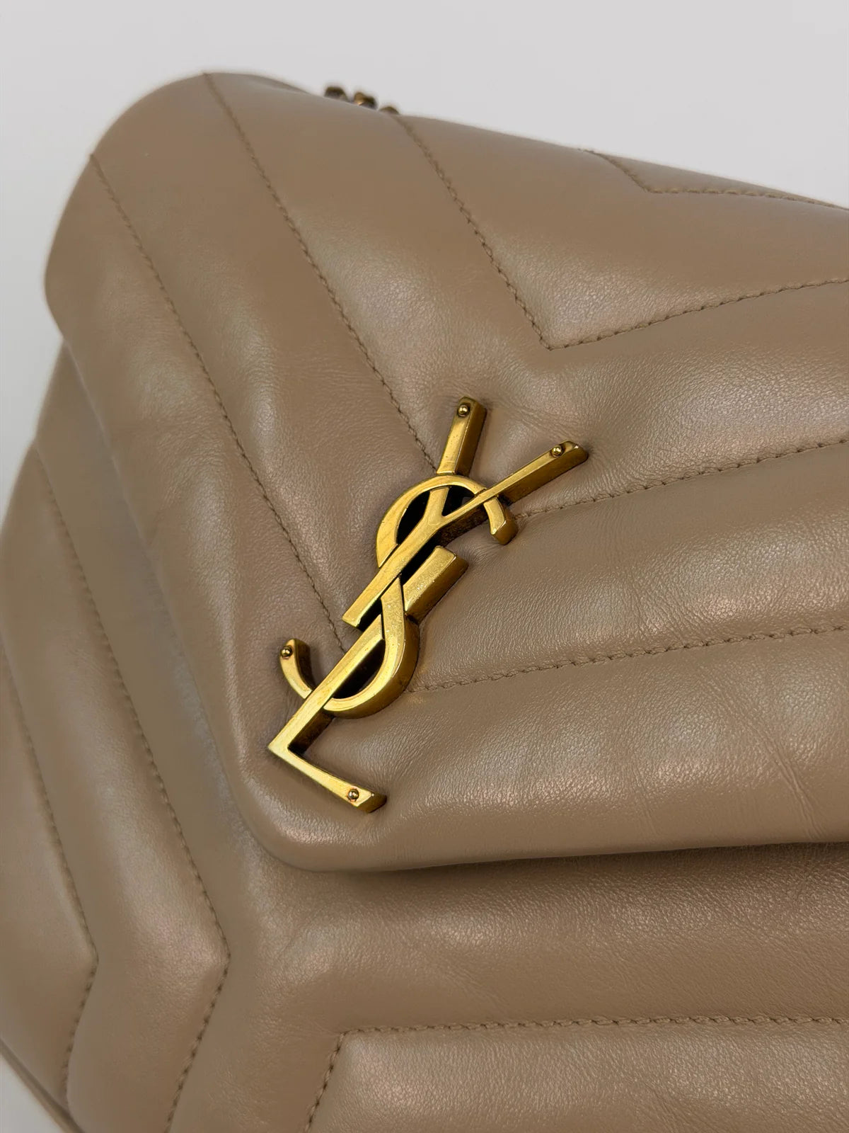 SAINT LAURENT SMALL LOULOU IN DARK BEIGE LEATHER WITH GOLD HARDWARE