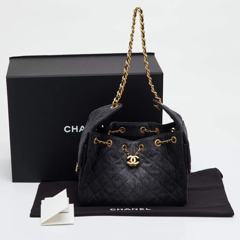 Chanel 25 Drawstring Black Quilted Denim Hobo