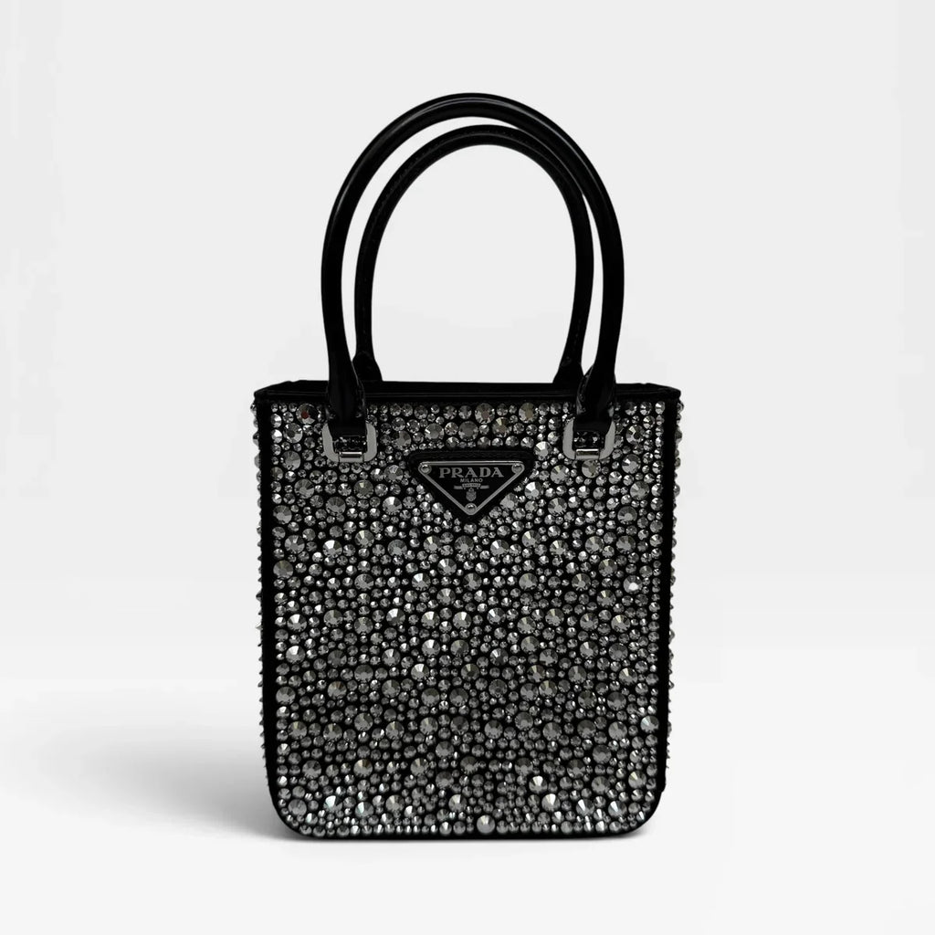 PRADA METAL PANIER SMALL BLACK SATIN CRYSTAL TOTE