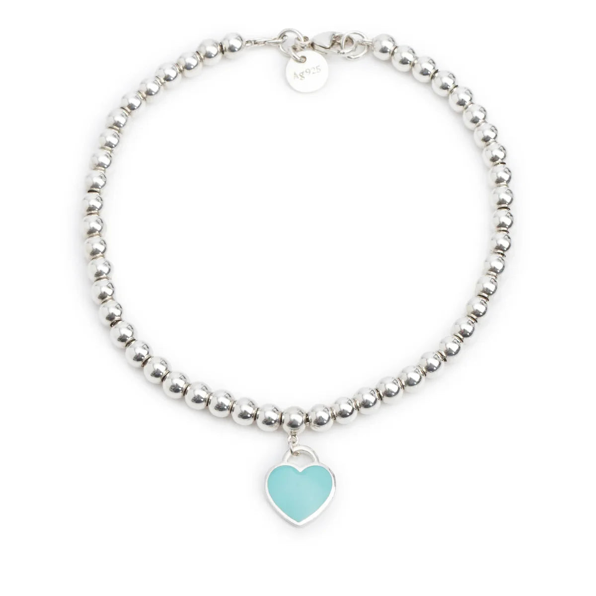 Tiffany & Co Sterling Silver Return to Tiffany Mini Heart Tag 4 MM Bead Bracelet with Blue Enamel