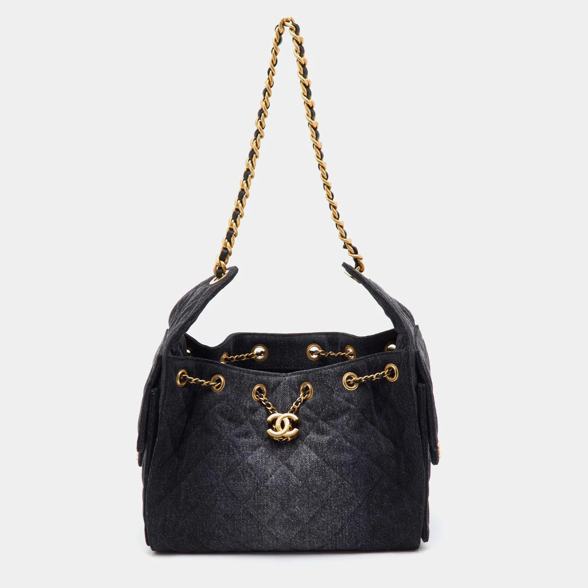 Chanel 25 Drawstring Black Quilted Denim Hobo