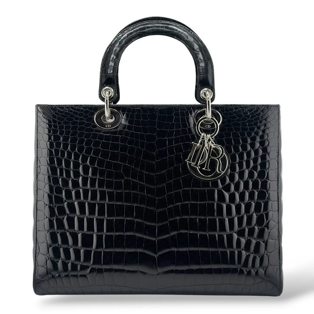 Christian Dior Black Shiny Niloticus Crocodile Large Lady Dior Bag