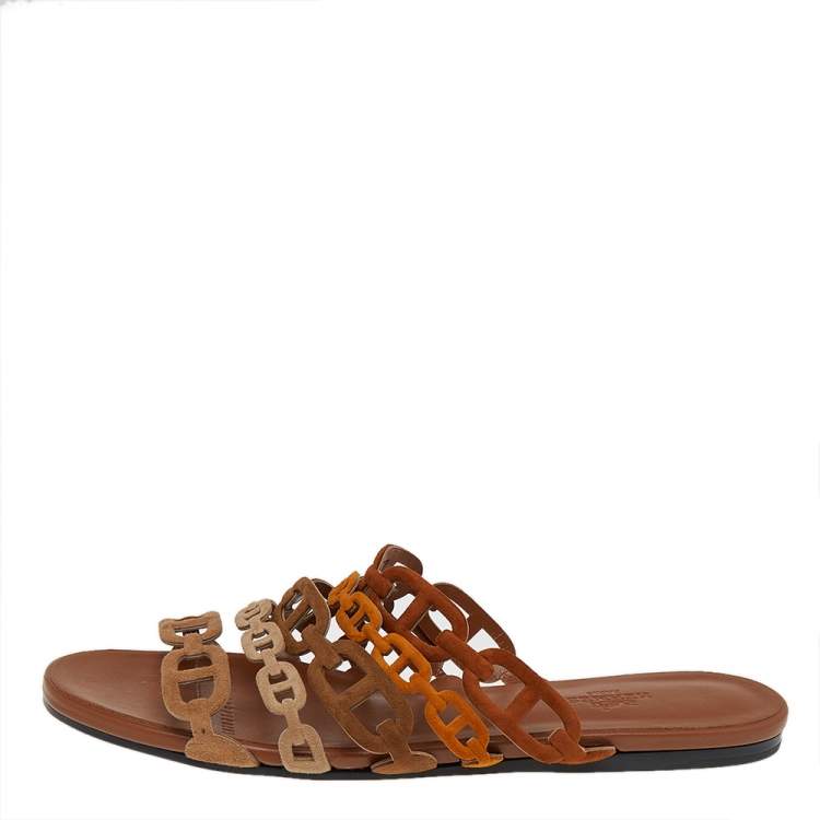 Hermes Brown Suede D'ancre Chaine Flat Slide Sandals Size 38
