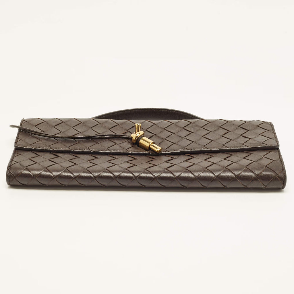 Bottega Veneta Andiamo Choco Brown Intrecciato Leather Clutch