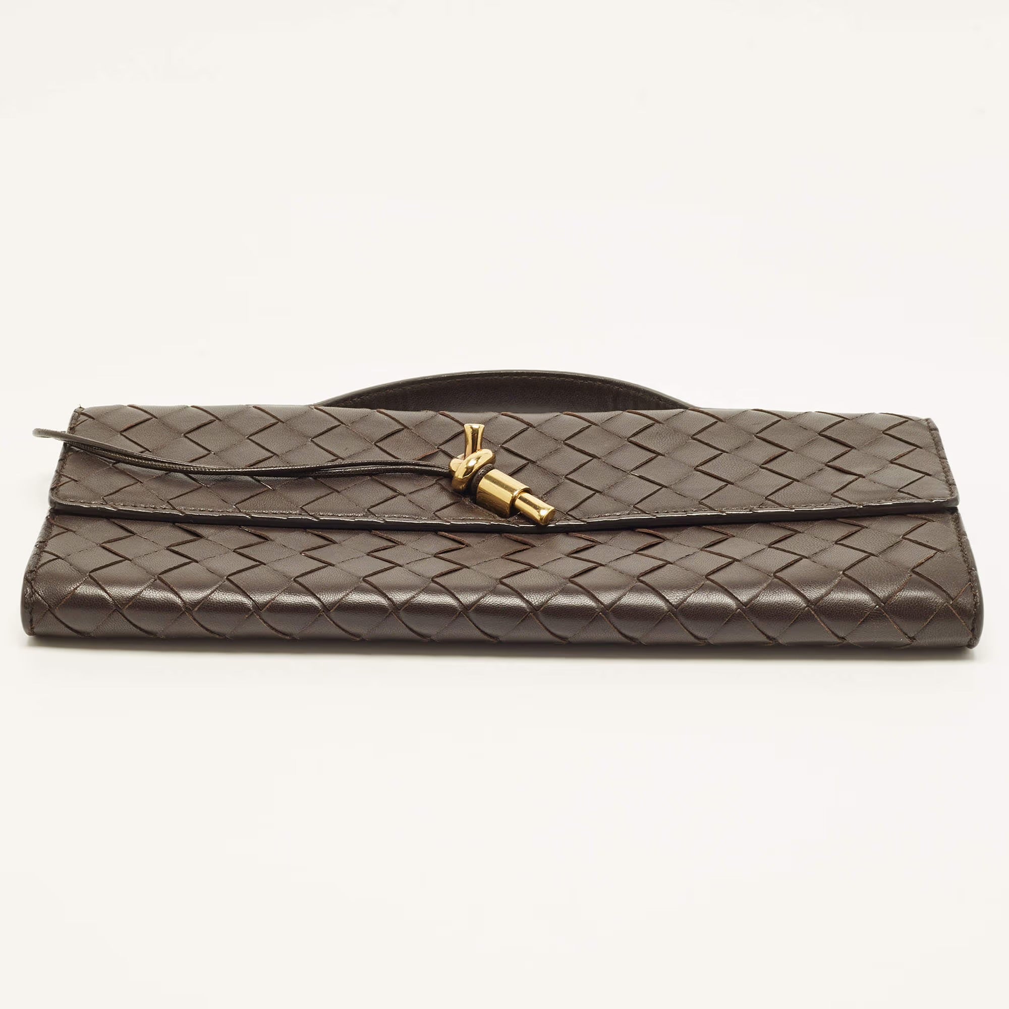 Bottega Veneta Andiamo Choco Brown Intrecciato Leather Clutch