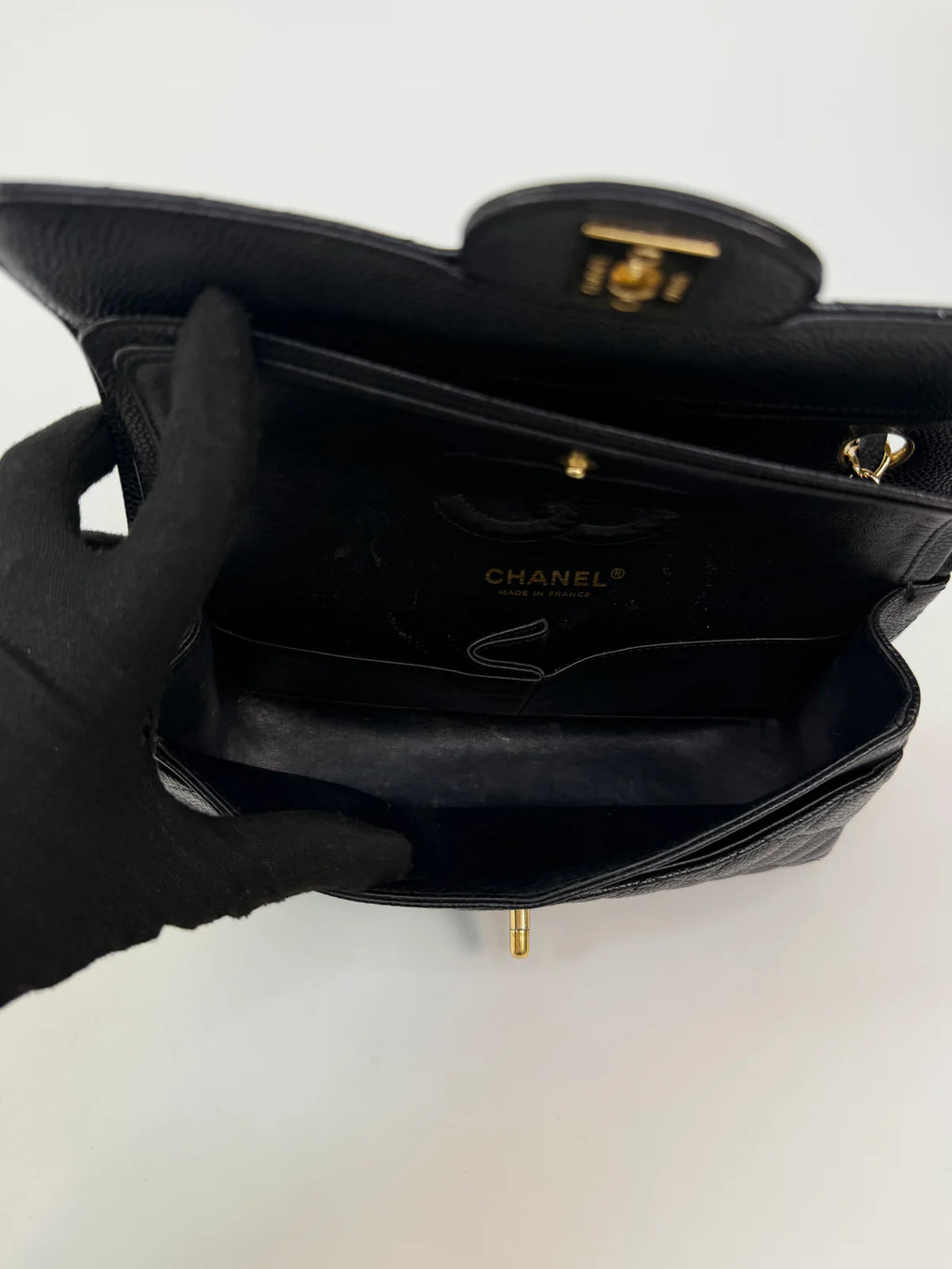 CHANEL SMALL CLASSIC DOUBLE FLAP IN BLACK CAVIAR LEATHER WITH GOLD HARDWARE