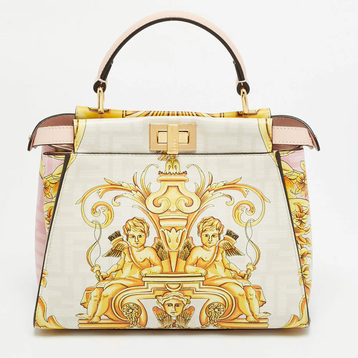 Fendi x Versace Fendace Peekaboo Mini Pink/Yellow Zucca Baroque Print Leather Top Handle Bag