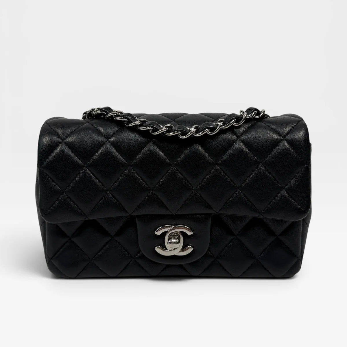 CHANEL MINI RECTANGLE IN BLACK LAMBSKIN SILVER HARDWARE