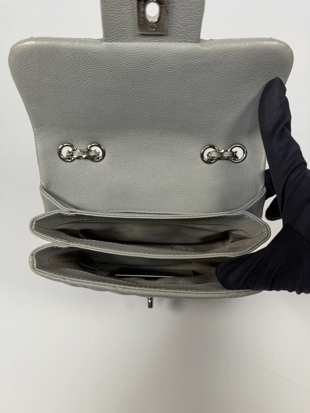 CHANEL MINI FLAP BAG IN GLACIER GREY CAVIAR LEATHER WITH SILVER HARDWARE