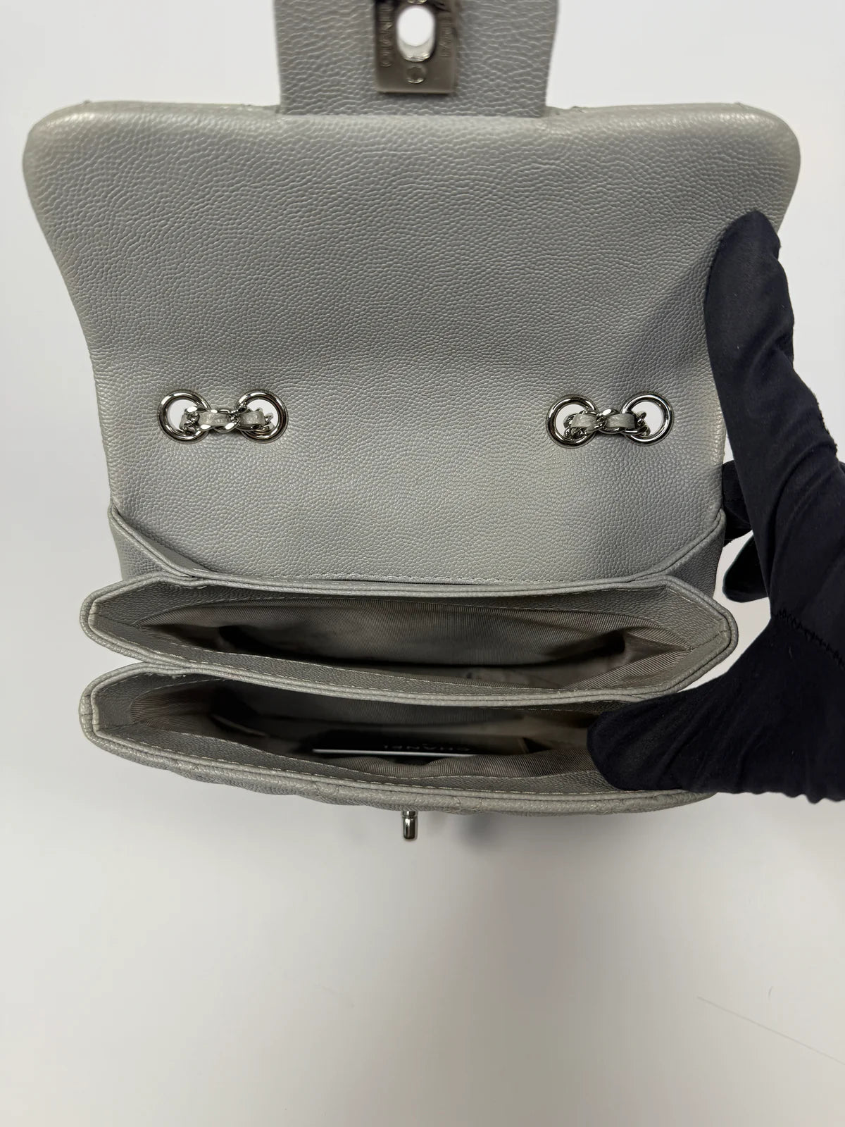 CHANEL MINI FLAP BAG IN GLACIER GREY CAVIAR LEATHER WITH SILVER HARDWARE