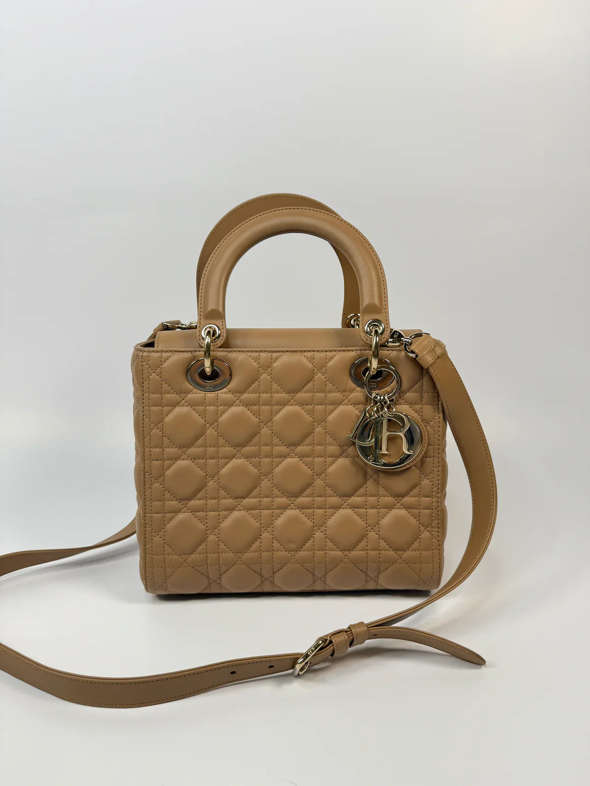 CHRISTIAN DIOR MEDIUM LADY DIOR BAG IN SAND WITH GOLD HARDWARE