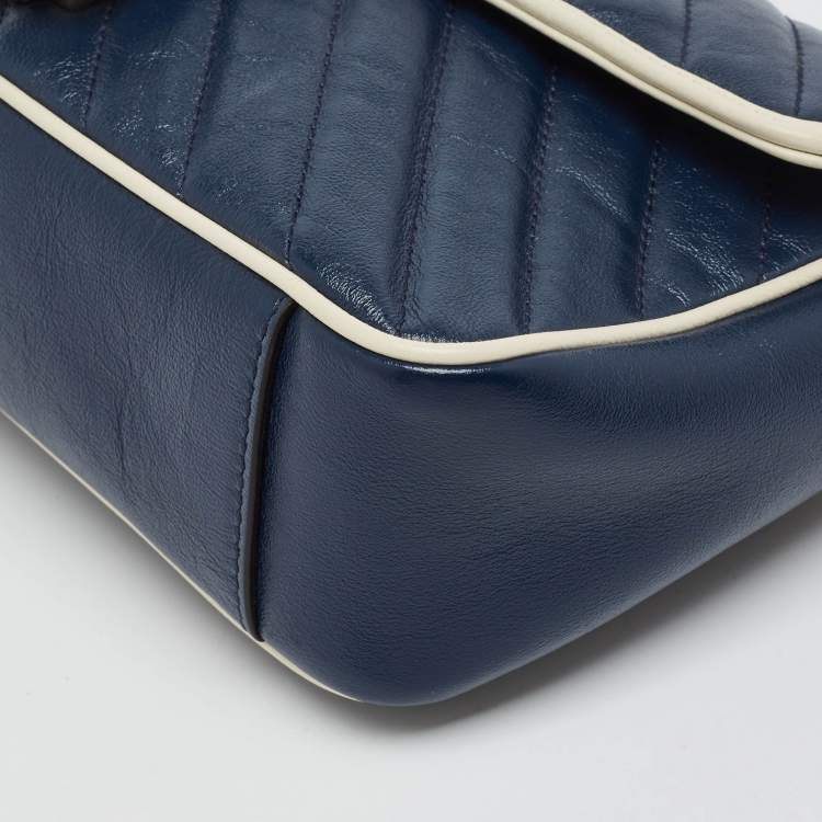 Gucci GG Marmont Torchon Small Navy Blue/White Diagonal Quilt Leather Shoulder Bag