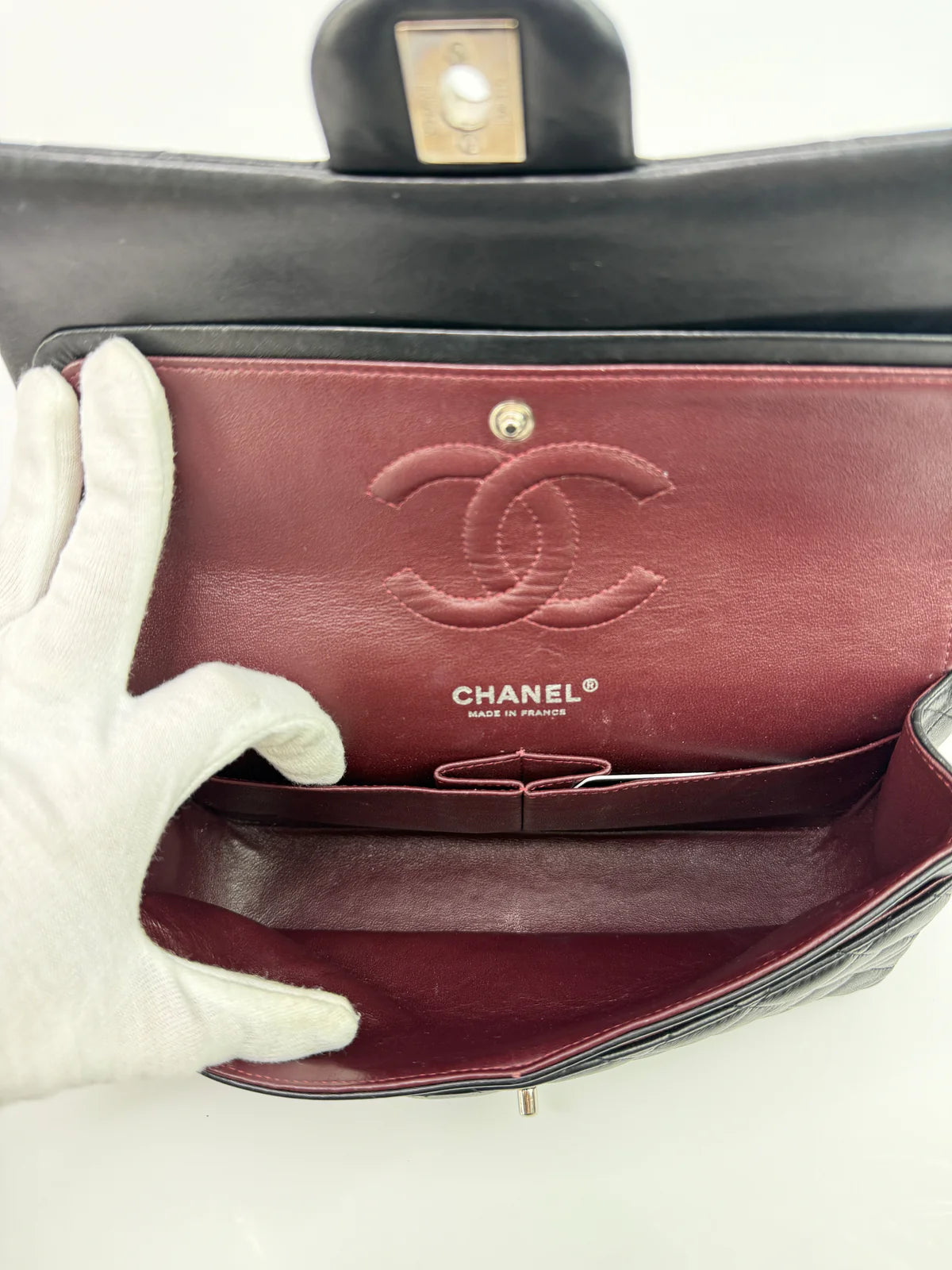 CHANEL MEDIUM CLASSIC DOUBLE FLAP BLACK LAMBSKIN WITH SILVER HARDWARE