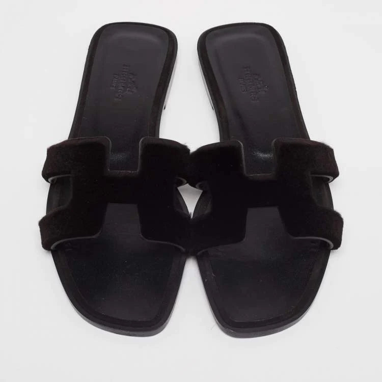 Hermes Black Fur Oran Sandals Size 37