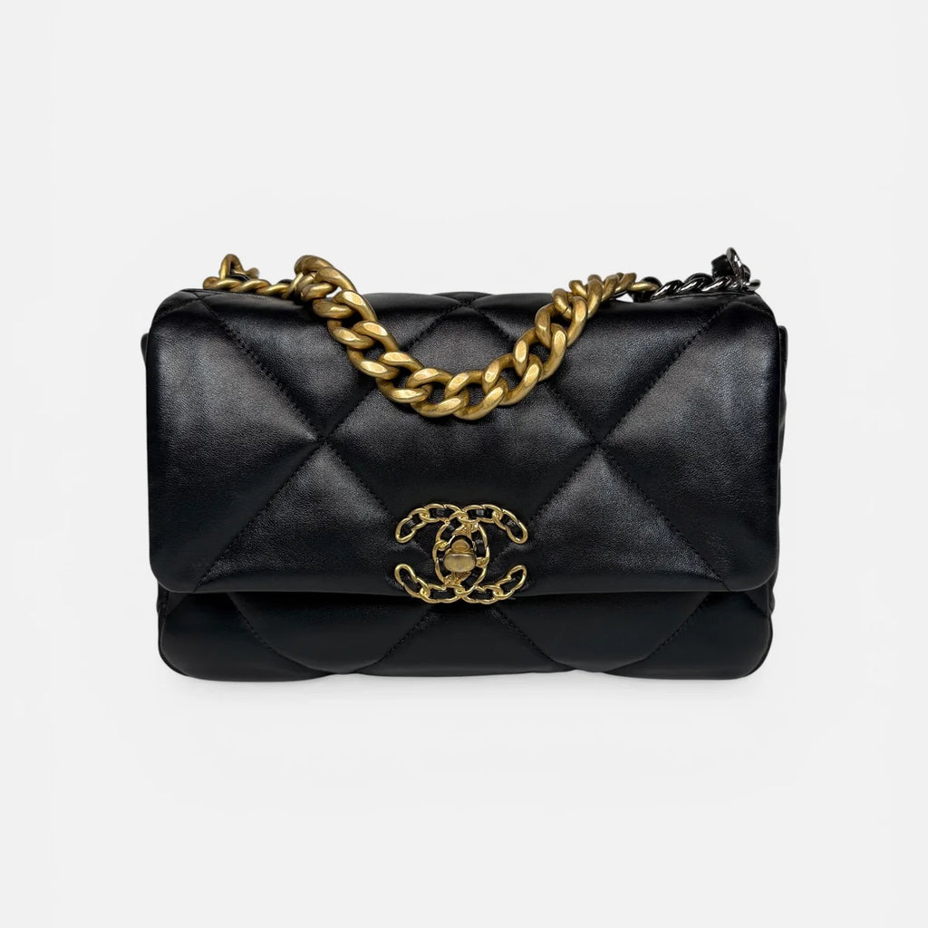 CHANEL 19 SMALL IN BLACK LAMBSKIN LEATHER WITH GOLD AND SILVER HARDWARE