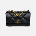 CHANEL 19 SMALL IN BLACK LAMBSKIN LEATHER WITH GOLD AND SILVER HARDWARE