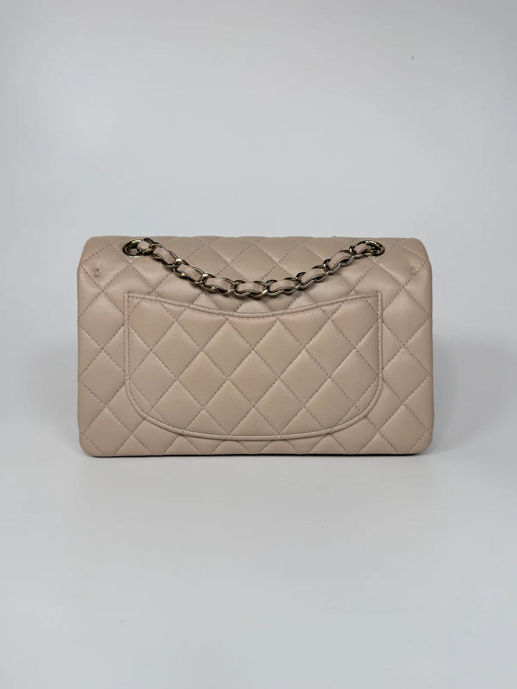 CHANEL SMALL CLASSIC DOUBLE FLAP IN LIGHT BEIGE LAMBSKIN LEATHER WITH PALE GOLD HARDWARE