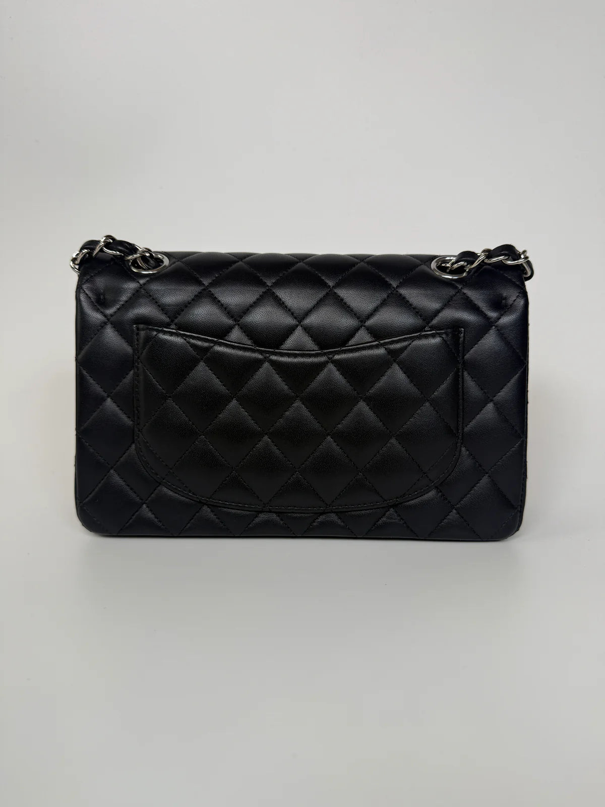 CHANEL SMALL CLASSIC DOUBLE FLAP IN BLACK LAMBSKIN LEATHER WITH SILVER HARDWARE