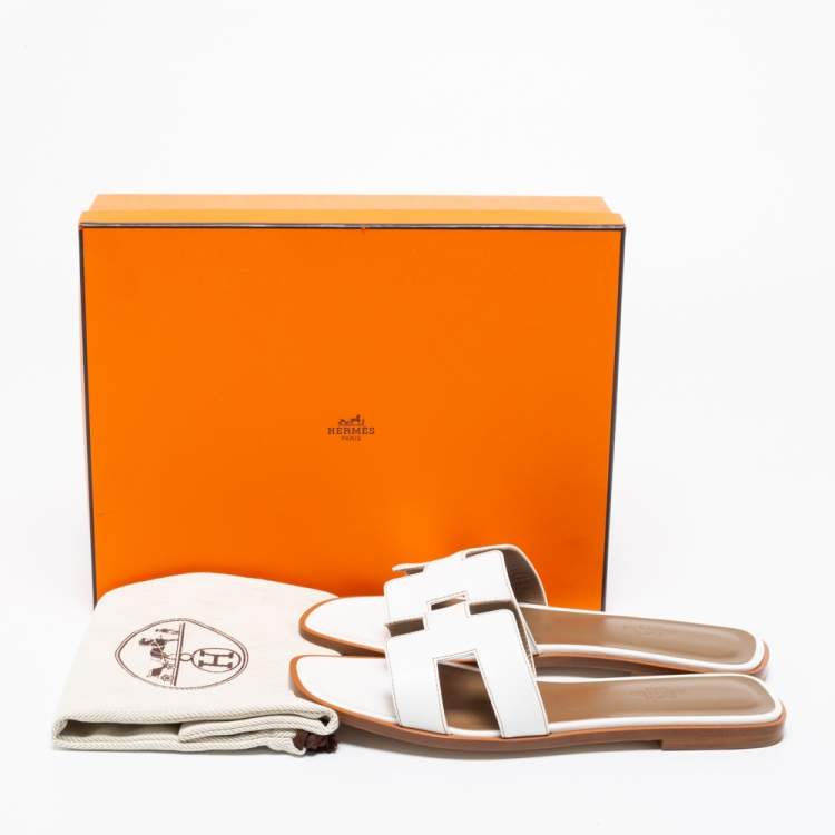Hermes White Leather Oran Flats Sandals Size 38