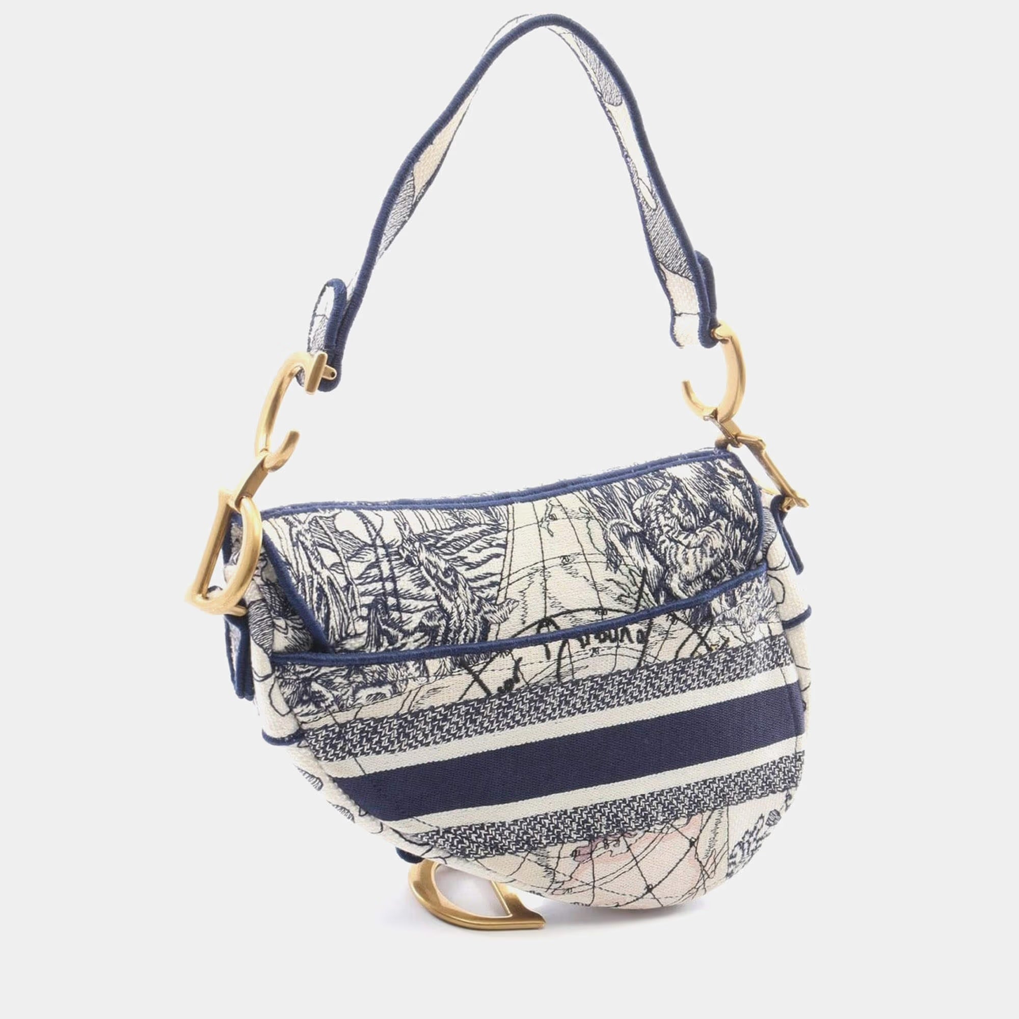 Dior Saddle Around the World Embroidered Medium Blue Multicolor Canvas Shoulder Bag