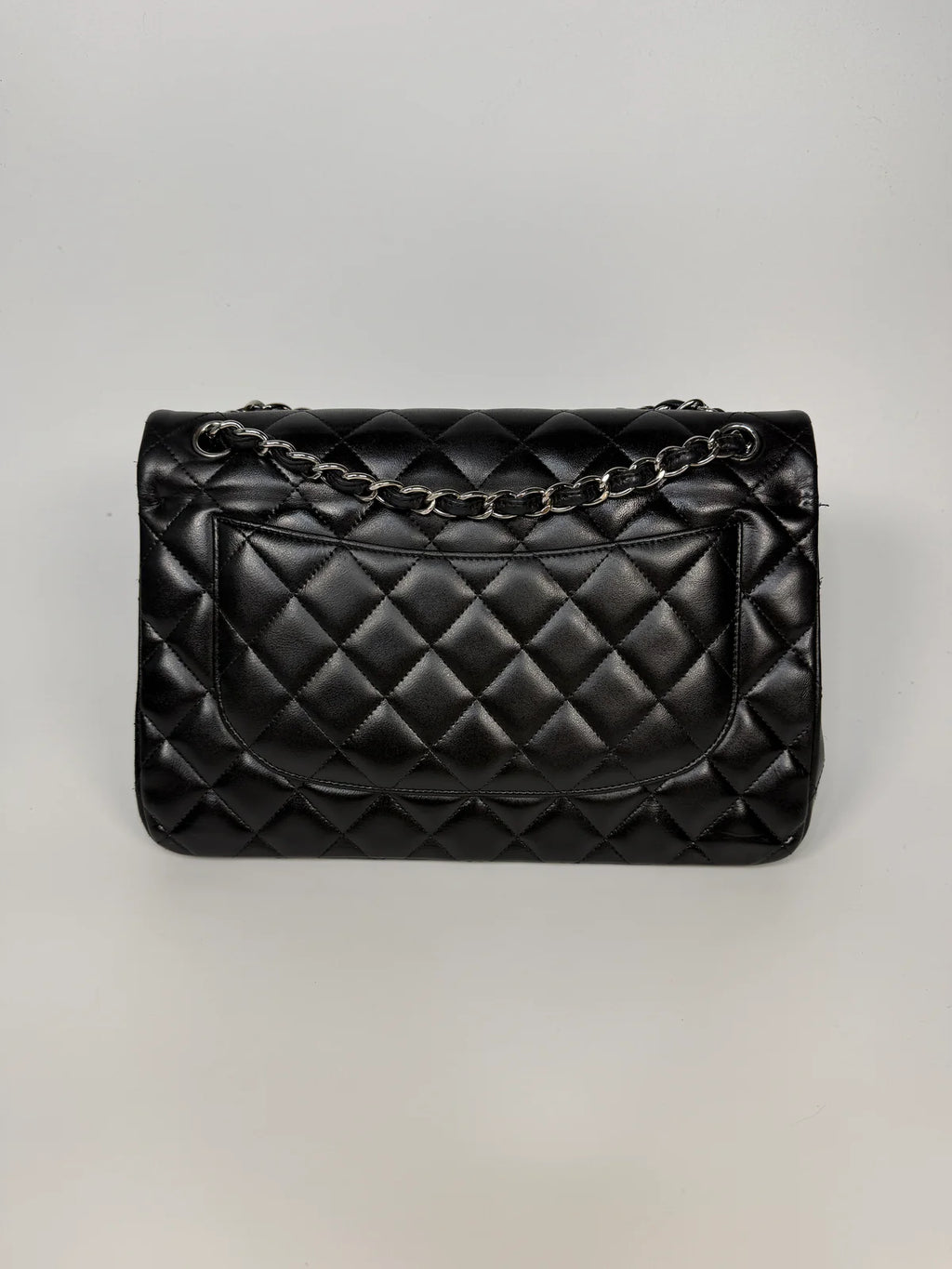 CHANEL JUMBO CLASSIC FLAP BAG IN BLACK LAMBSKIN LEATHER WITH SILVER HARDWARE